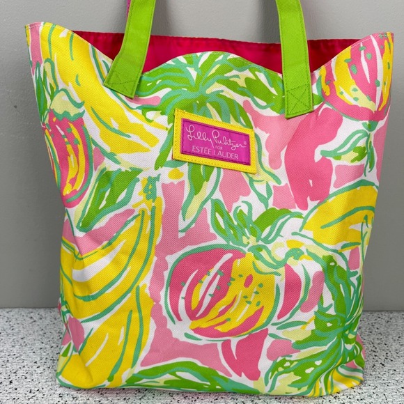 Lilly Pulitzer Estee Lauder Tote Bag Pink Green Yellow Fruit Resort Beach Travel - Picture 3 of 8
